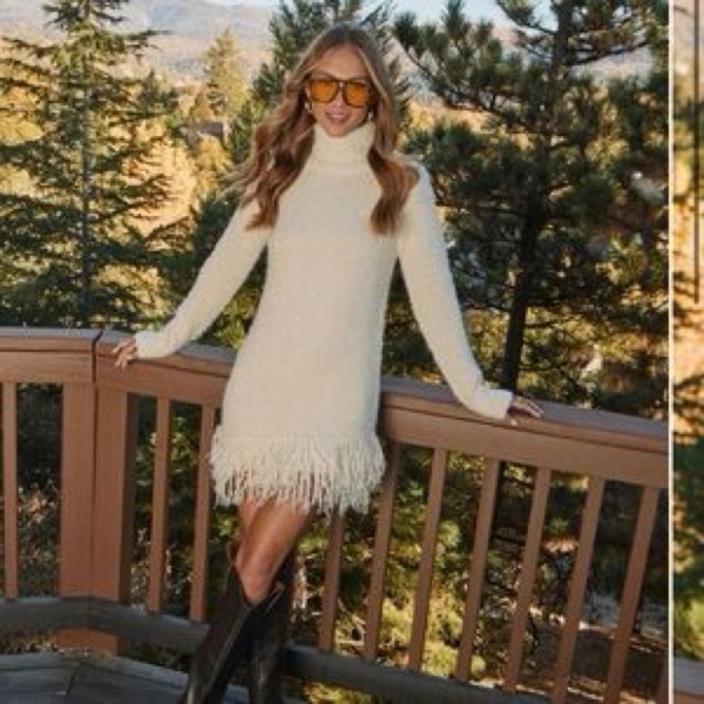 Vici Cream Long Sleeve Fringe Dress
